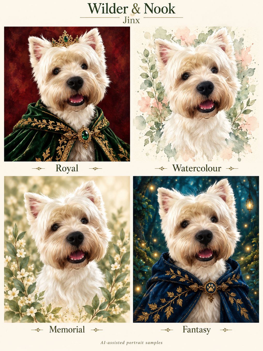 Jinx’s royal, watercolour, memorial and fantasy sample board